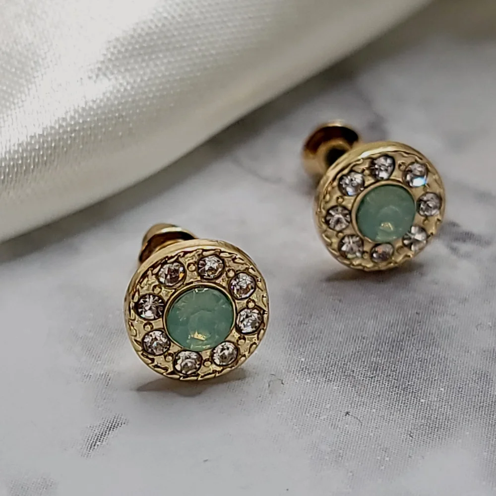 Gold Seafoam Diamond Halo Rhinestone Stud Button Earrings